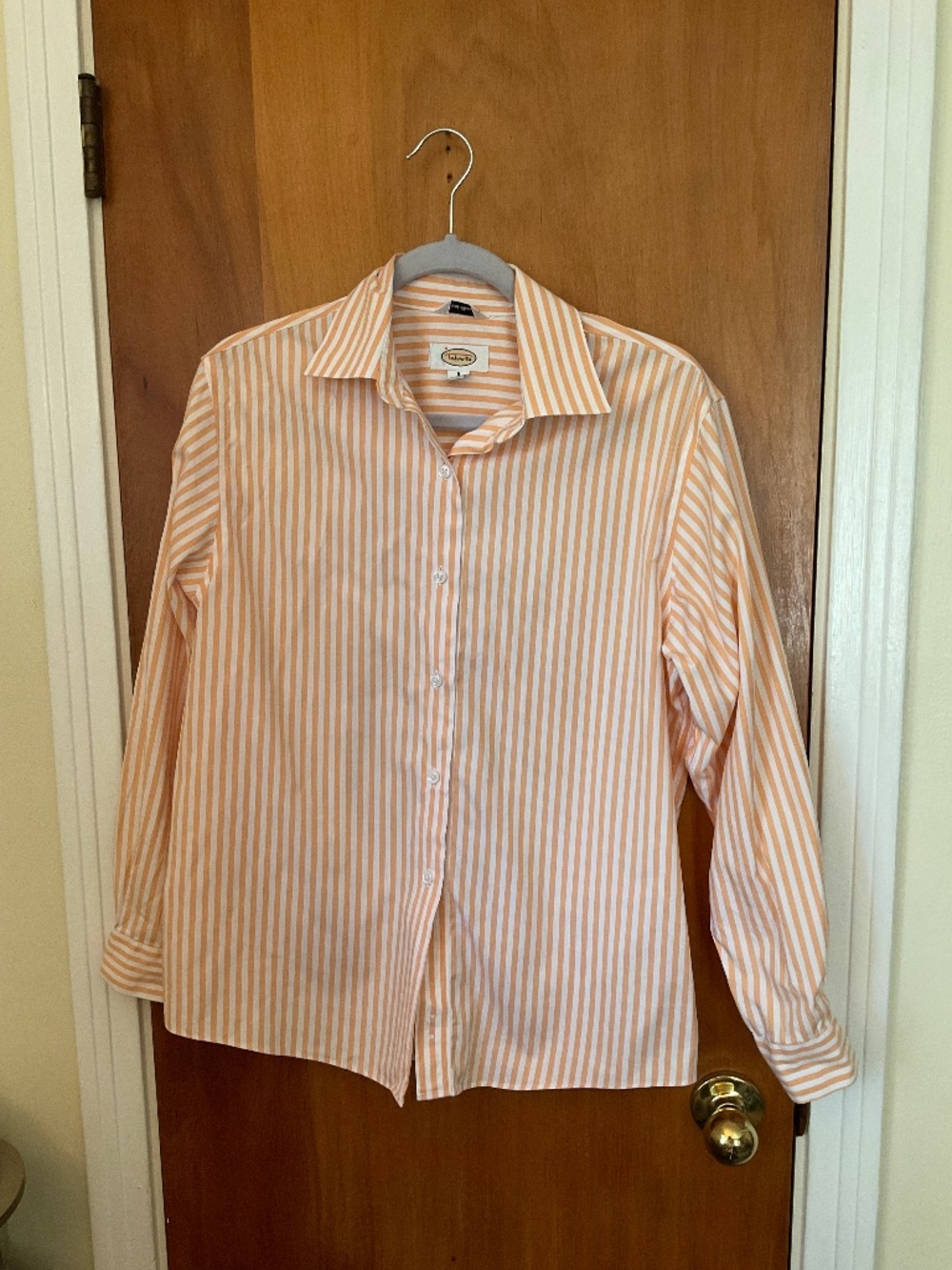Talbots Cotton Blouse White Peach Stripe Womens 8 Vintage Button Up READ